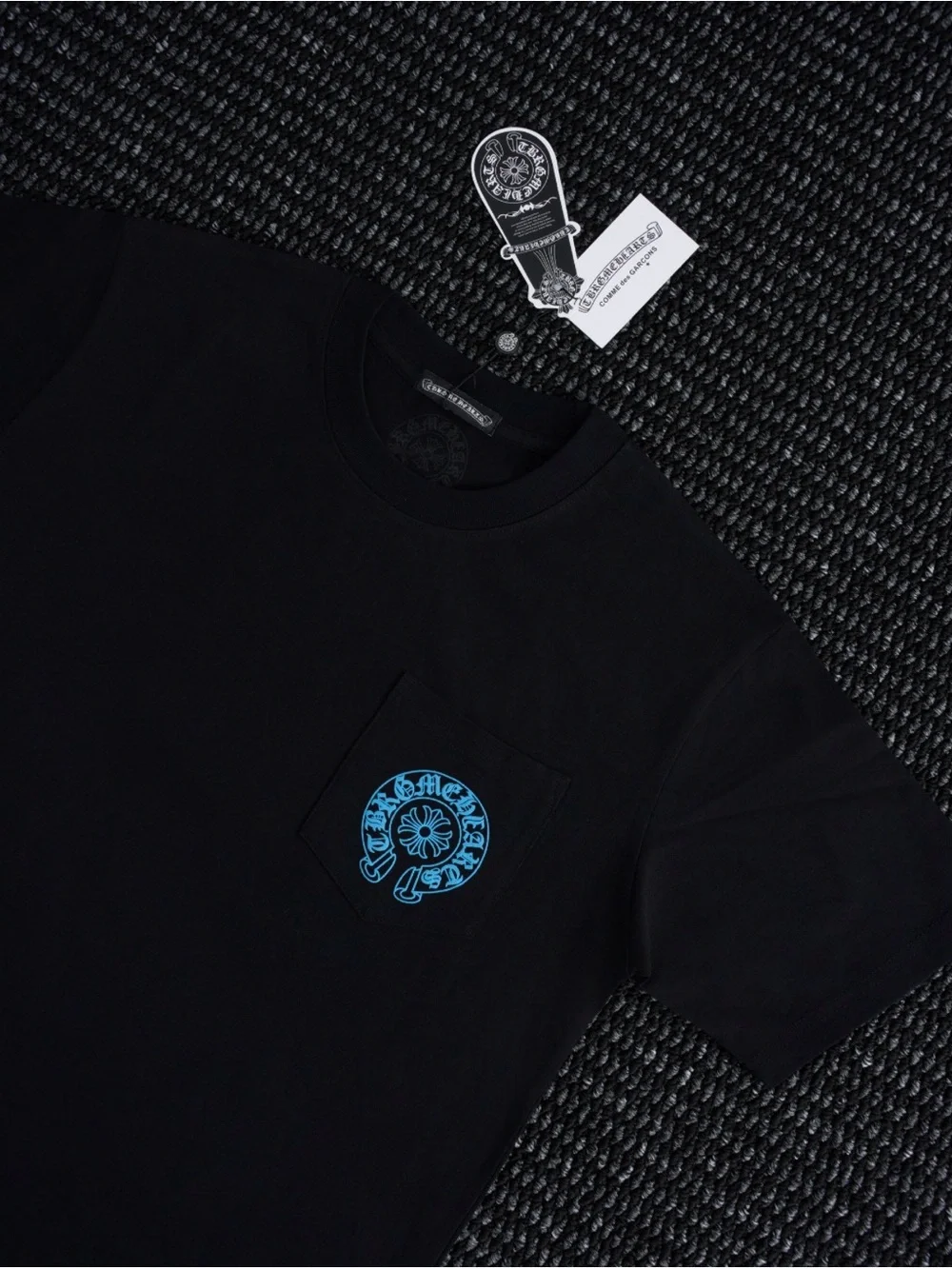 Chrome Hearts Black Short Sleeve Tee with Blue Pocket Emblem